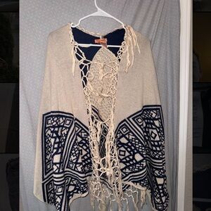 Cream and Navy Fringe Shrug